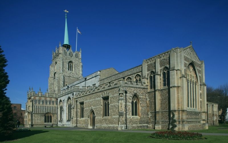 Chelmsford Cathedral under a clear blue sky