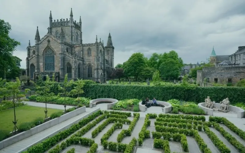 Dunfermline Abbey above a hedge maze garden