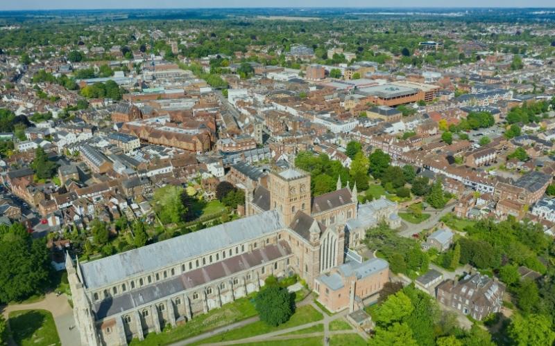 Aerial view of St Albans Cathedral and the city centre