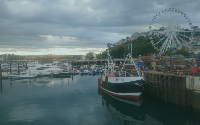 Torquay harbour with moored boats and the seafront observation wheel
