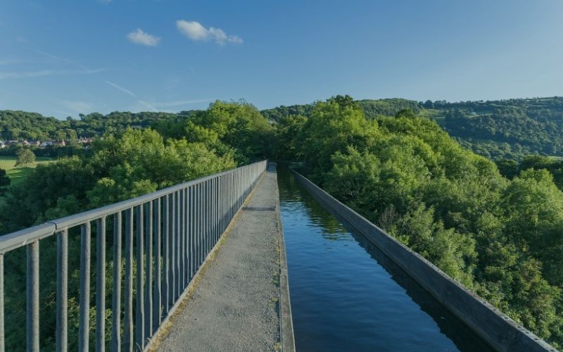 The canal crossing the Pontcysyllte Aqueduct near Wrexham, high above the wooded Dee valley